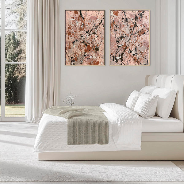Bedroom Framed Wall Canvas Pair - Blush Pink Set of 2 over Bed