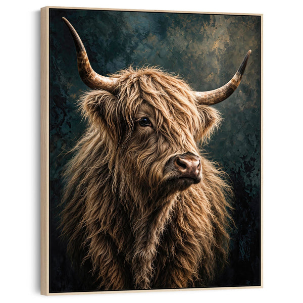 Bonnie - Blonde Highland Cow - Teal Framed Canvas Wall Art