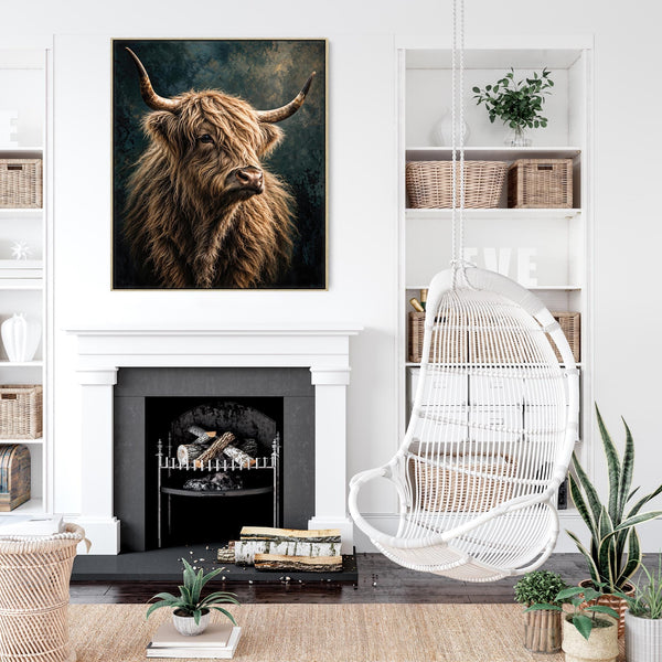 Bonnie - Blonde Highland Cow - Teal Framed Canvas Wall Art