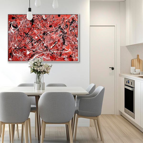 Large Bright Red Black Framed Jackson Pollock Style Canvas Art