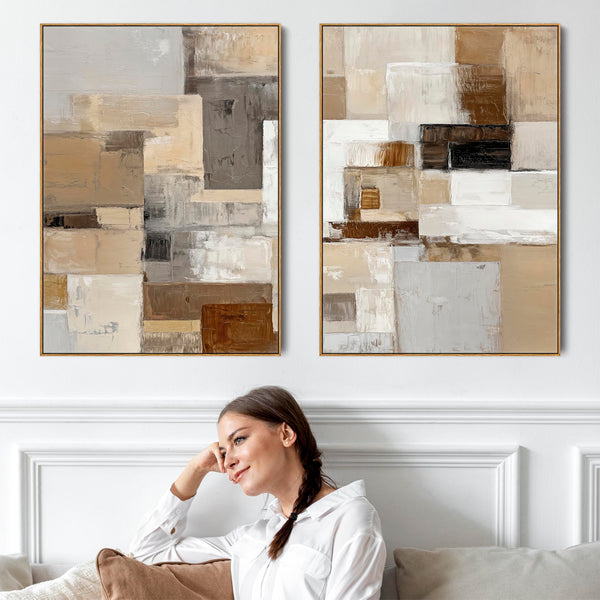 Large Coffee Cream Neutral Pair Framed Canvas - Earth Set of 2