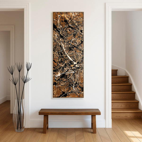 Tall Framed Upright Canvas Art - Brown Cream Abstract - Chaos