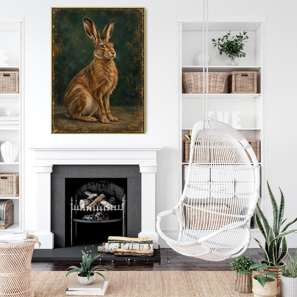 Brown Hare - Framed Emerald Green Canvas Wall Art - Bramble