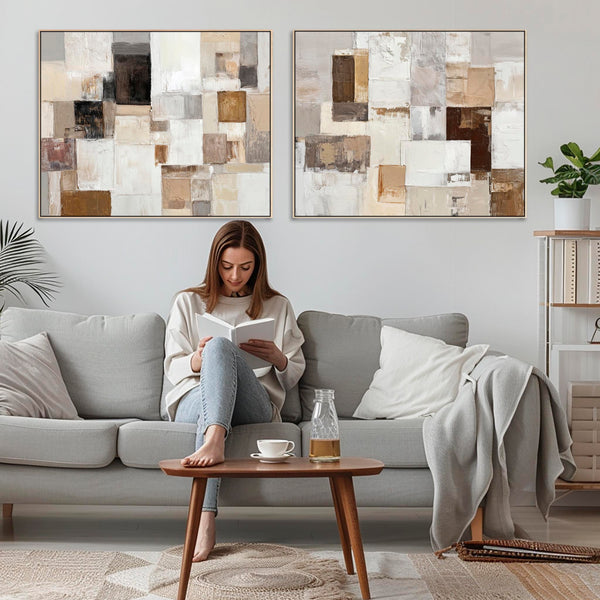 Extra Large Oversized Framed Pair Canvases - Neutral Warmth
