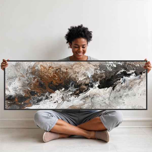 Wide Long Brown White Wall Art - Tempest - Framed Abstract Artwork