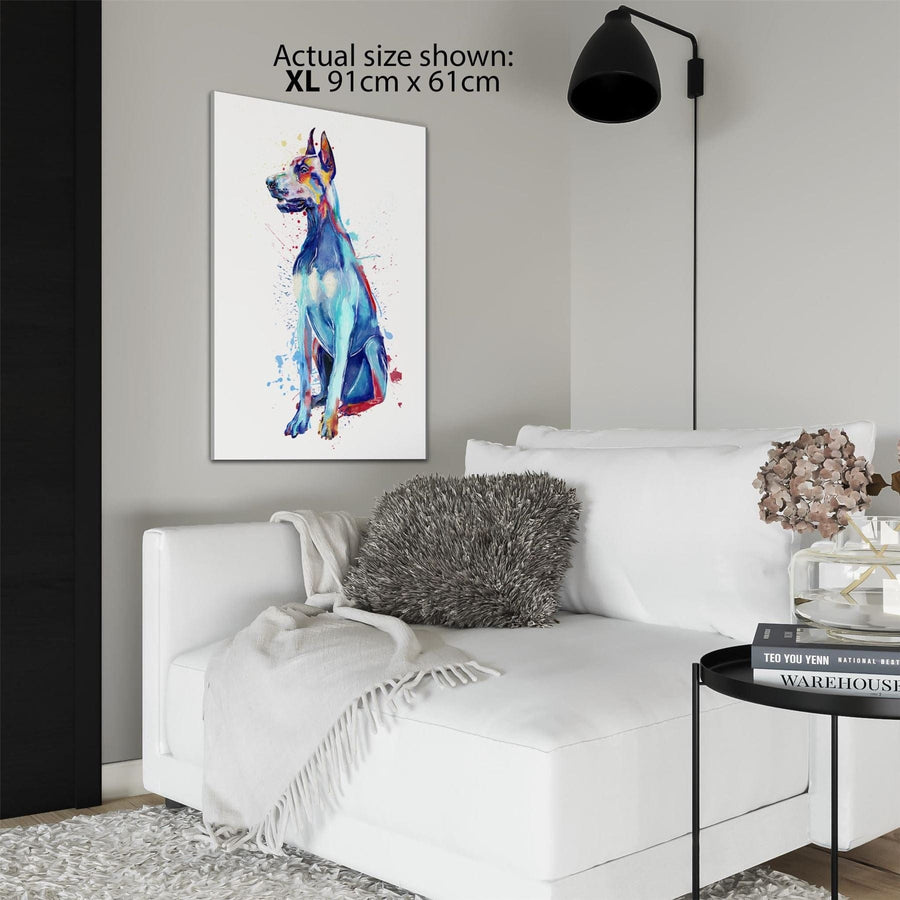 Doberman Pet Dog Watercolour Splash Canvas Art Pictures - Multi Coloured