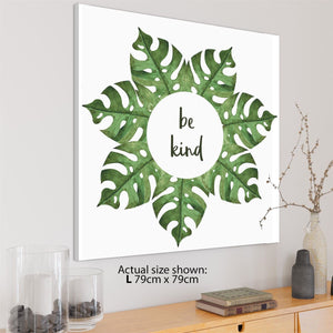 Be Kind Leaves Word Art - Typography Canvas Print Green Grey