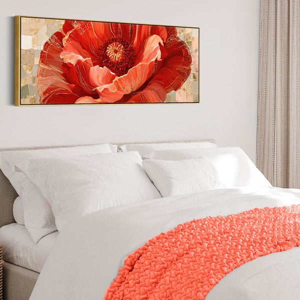 Wide Red Gold Cream Floral Bedroom Framed Canvas for Over bed