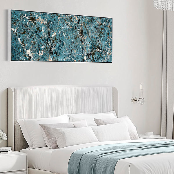 Wide Teal Blue Horizontal Framed Bedroom Canvas for Over Bed