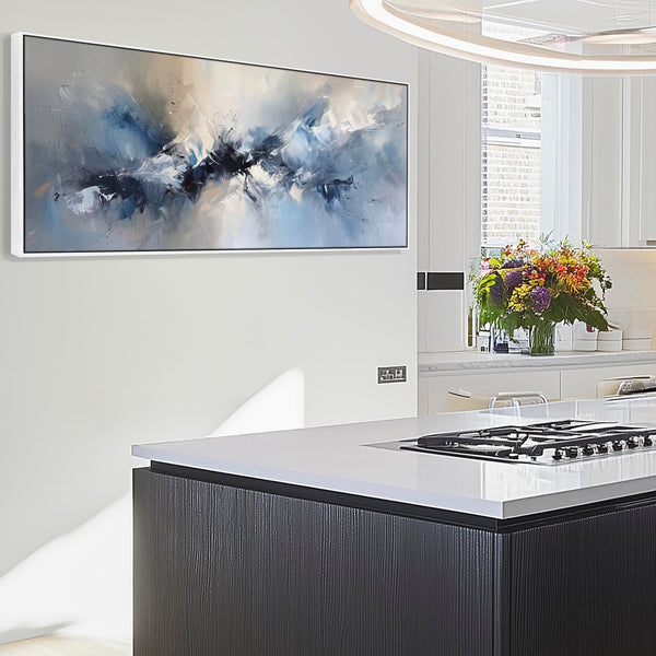 Blue White Abstract Canvas Pictures Framed Wide Panoramic - Harmony