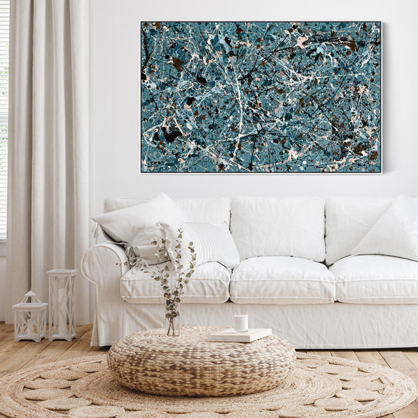Extra Large Teal Cream Living Room over Sofa Framed Wall Art