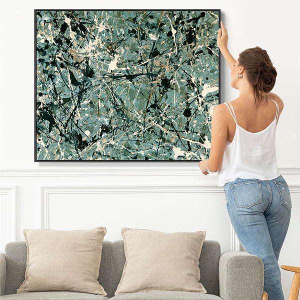 Living Room Framed Canvas - Jackson Pollock Style - Sage Green