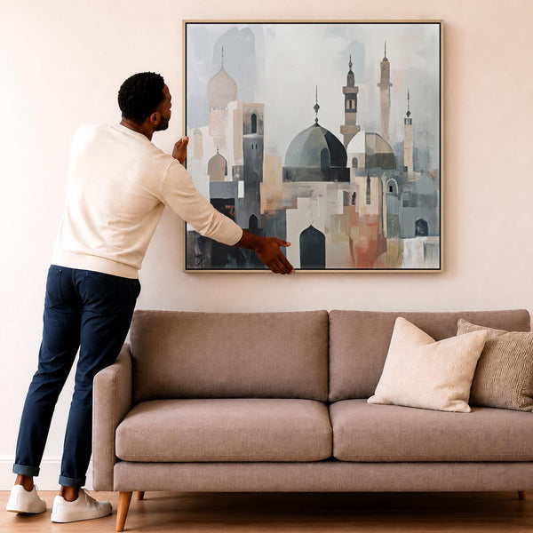 Large Modern Islamic Wall Art - Abstract Mosque Neutral Grey