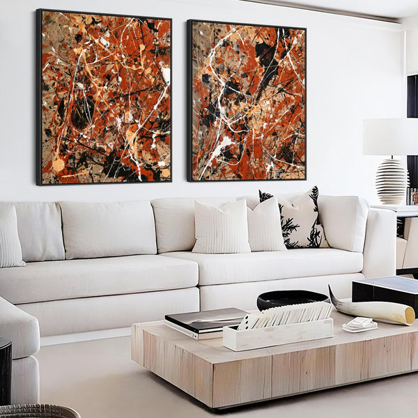 Large Living Room Framed Canvas for Lounge Rust Abstract Set 2