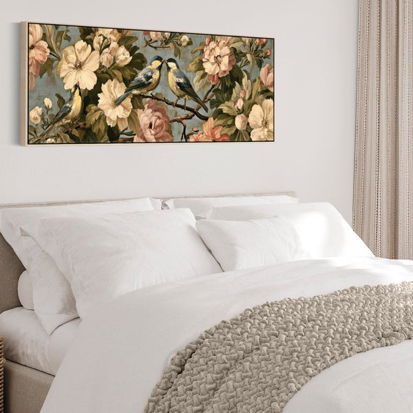 Wide Bedroom Framed Canvas Art over Bed Vintage Birds Flowers