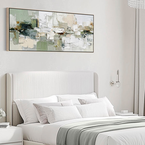 Wide Bedroom Wall Art Canvas - Green White Abstract - over Bed
