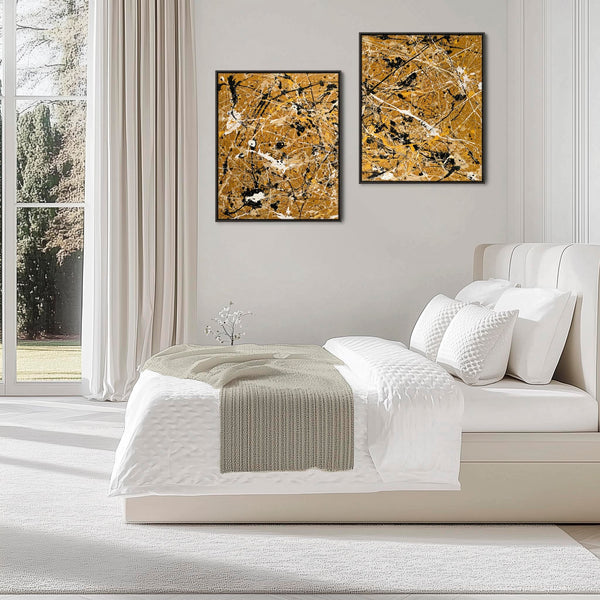 Extra Large Framed Abstract Canvas XL Set of 2 Mustard Yellow
