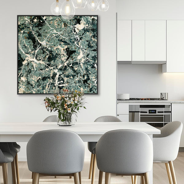 Green Abstract Framed XL Artwork Canvas - Jackson Pollock Style