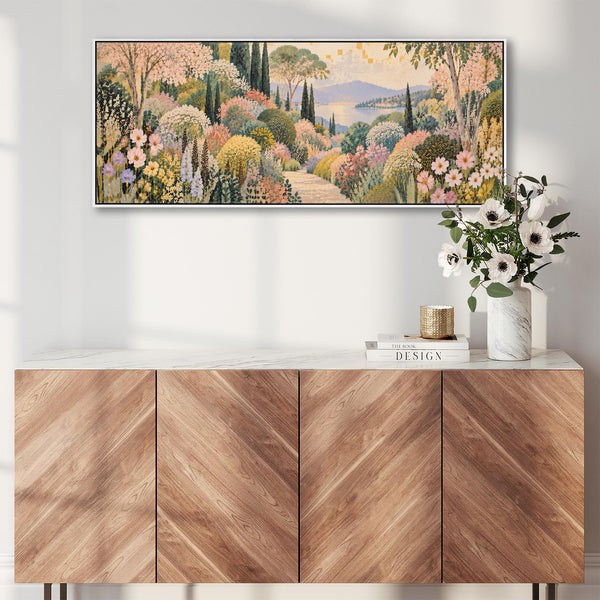Wide Framed Pastel Canvas Art - Long Colourful Floral Pathway