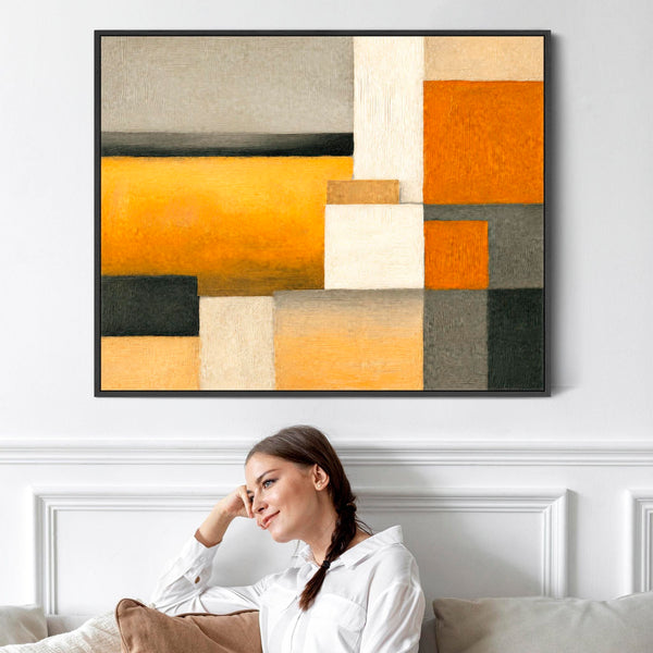 Large Mustard Yellow Orange Abstract Wall Art Framed - Ochre Balance