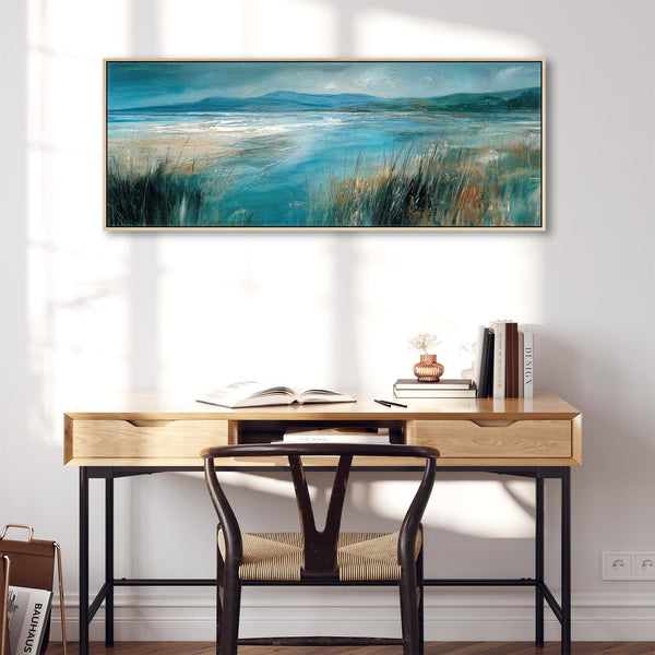 Wide Teal Blue Grey Framed Long Canvas Art Picture - Windswept