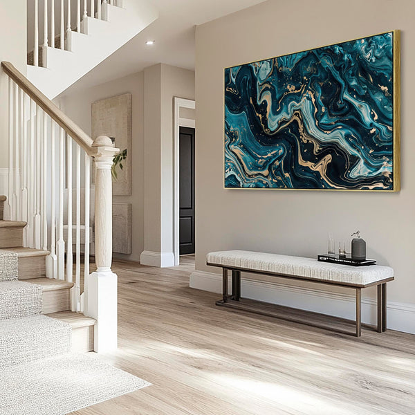 Teal Gold Abstract Framed Canvas Wall Art - Celestial Flow for Living Room