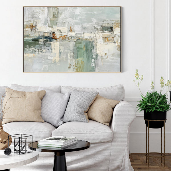 Living Room Wall Art for Lounge - Framed Green Cream Abstract