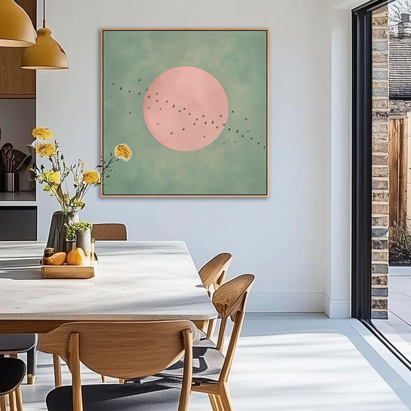 Framed Sage Green Pink Japandi Canvas Wall Art Moon Birds