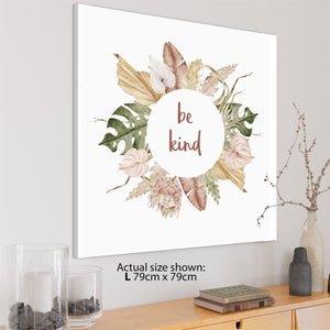 Be Kind Leaves Word Art - Typography Canvas Print Pink Green