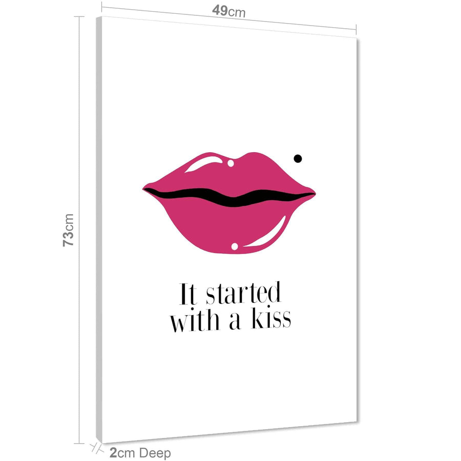 It Started With A Kiss Lips Word Art - Typography Canvas Print Pink Black