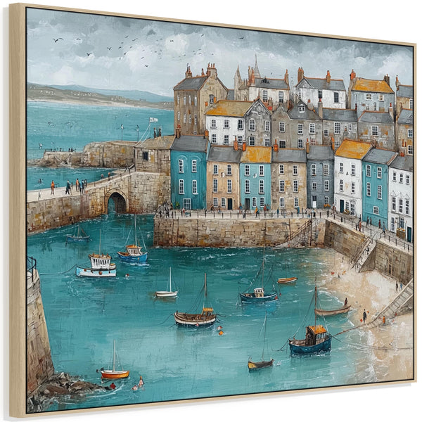 Coastal Cornish Harbour Framed Seaside Artwork on Canvas Blue