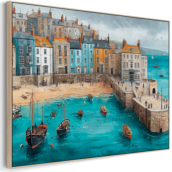 Coastal Cornish Seaside Framed Wall Art on Canvas Blue