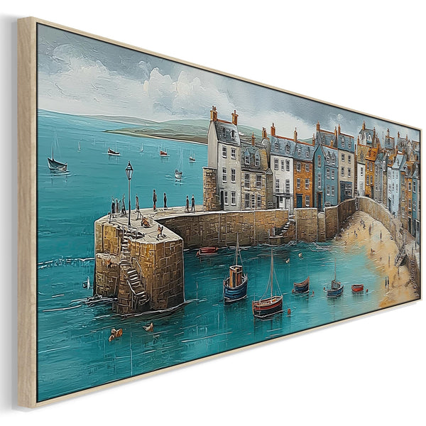 Coastal Cornwall Harbour Wide Framed Horizontal Wall Art in Blue