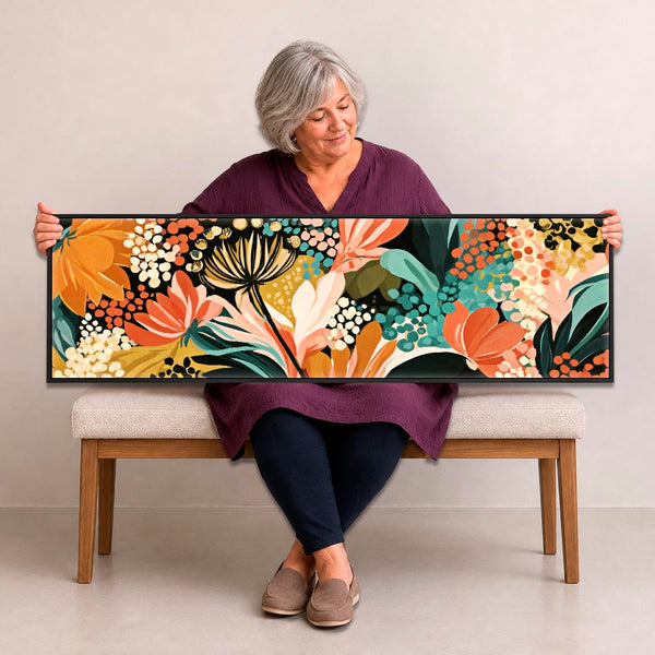 Wide Colourful Abstract Floral Framed Canvas Japanese Abstract