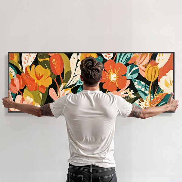 Wide Framed Floral Wall Art Canvas Colourful Abstract Flowers