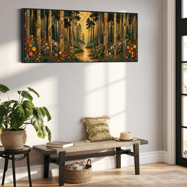 Wide Gustav Klimt inspired Framed Canvas Art - Colourful Forest