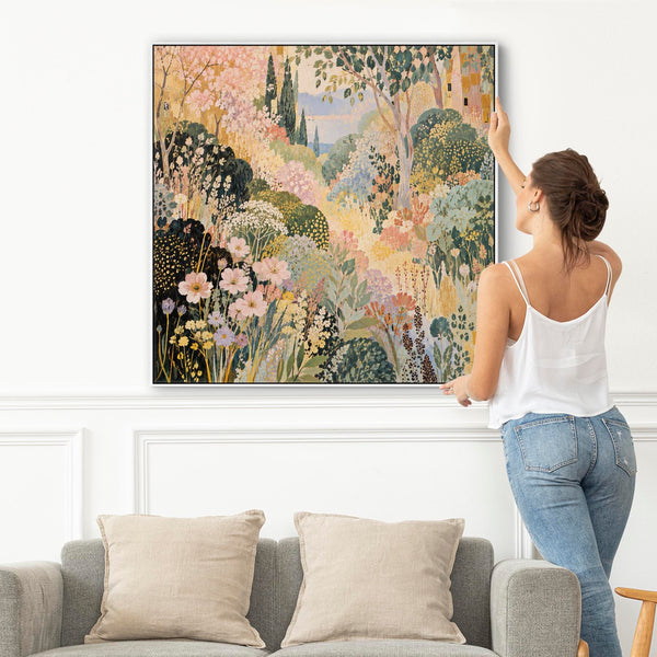 Framed Pastel Artwork Print on Canvas - Colourful Garden View