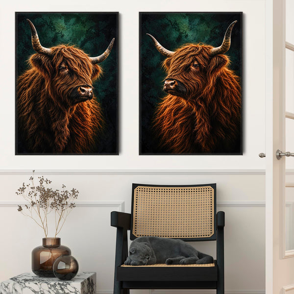 Coos - Highland Cows - Unique Pair Framed Canvases - Set of 2