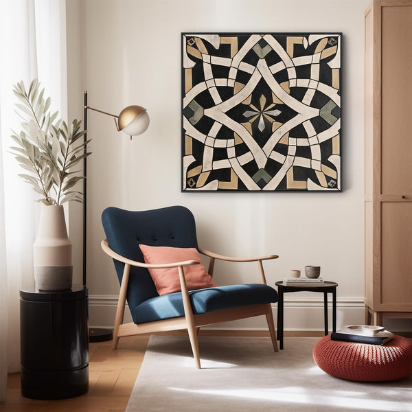 Living Room Framed Moroccan Canvas Art - Black Cream - Cordoba