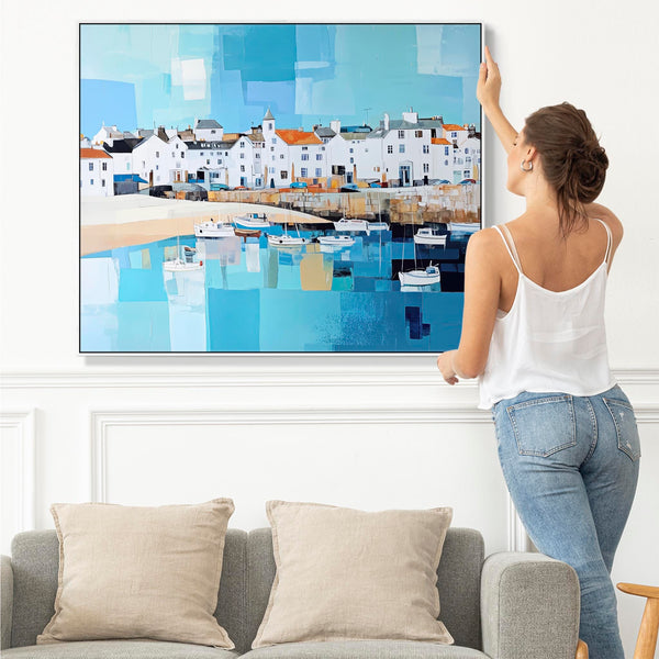 Large Blue White Coastal Art Print - Framed Cornish Seaside 1