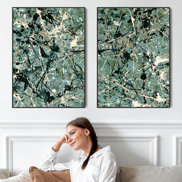 Pair Abstract Framed Canvases - Jackson Pollock Style Green