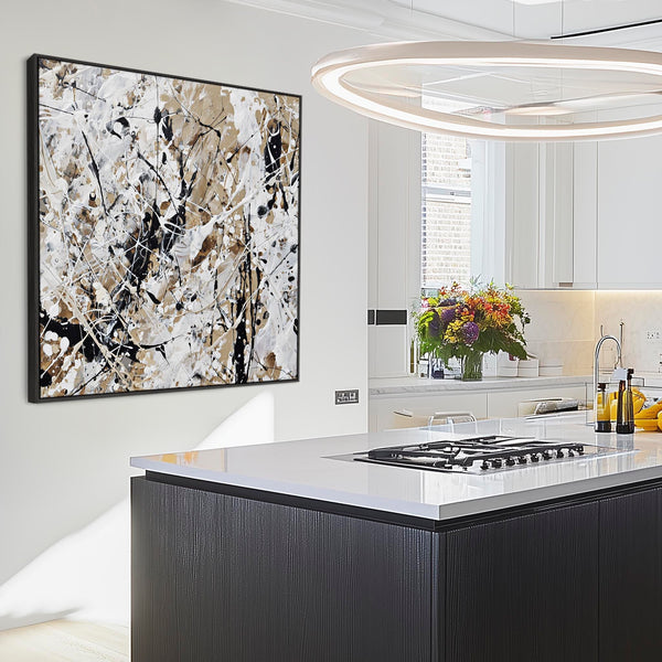 Cream Black Jackson Pollock Style Abstract Artwork Framed Neutral Impact
