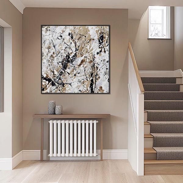 Cream Black Jackson Pollock Style Abstract Artwork Framed Neutral Impact