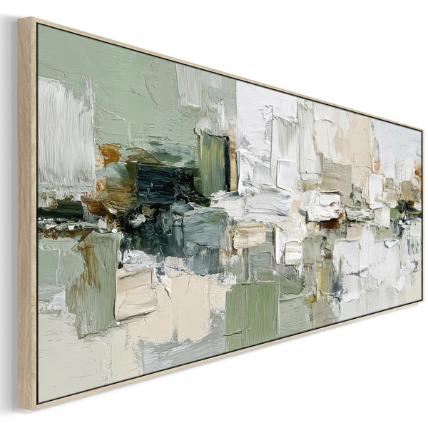Wide Bedroom Wall Art Canvas - Green White Abstract - over Bed