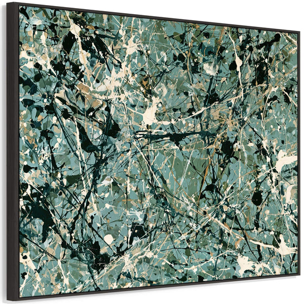 Living Room Framed Canvas - Jackson Pollock Style - Sage Green