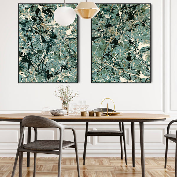 Pair Abstract Framed Canvases - Jackson Pollock Style Green