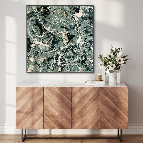 Green Abstract Framed XL Artwork Canvas - Jackson Pollock Style
