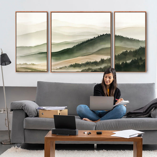 Extra Large Set 3 Framed Canvases Highland Green Misty Forest