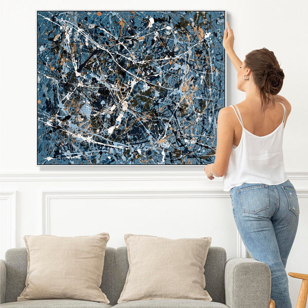 Teal Blue Abstract Framed Canvas Picture Jackson Pollock Style