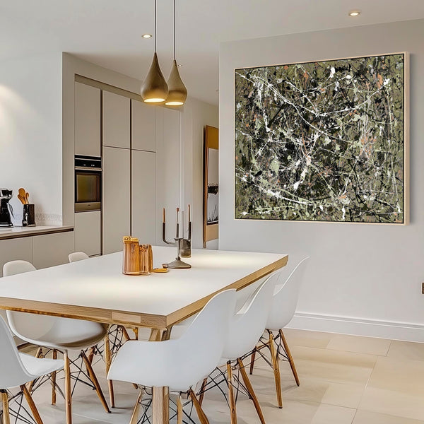 Olive Sage Green Abstract Framed Canvas - Jackson Pollock Style